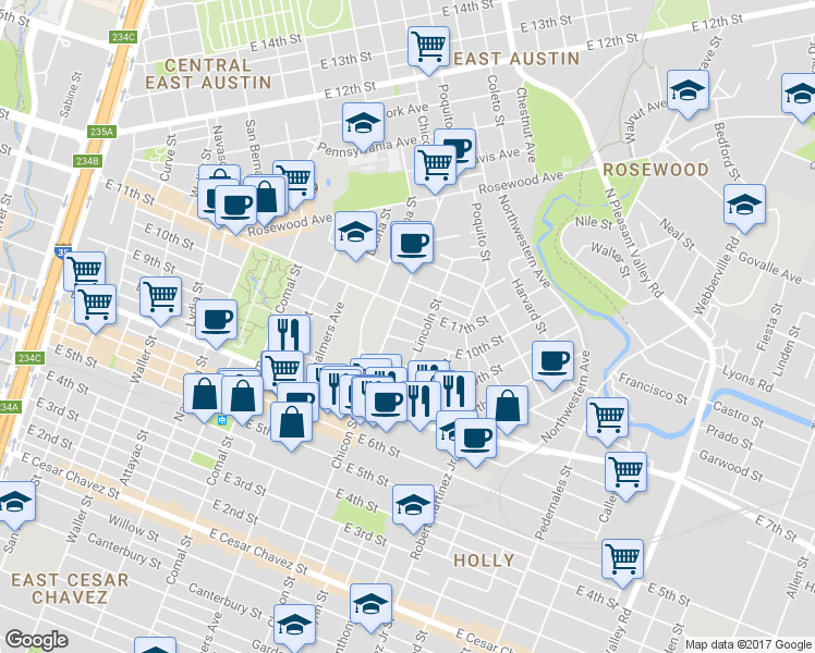 map of restaurants, bars, coffee shops, grocery stores, and more near 1903 College Row in Austin