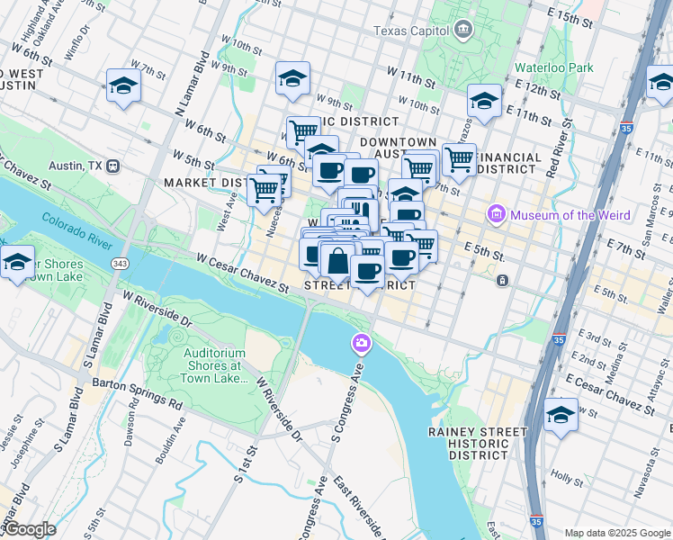 map of restaurants, bars, coffee shops, grocery stores, and more near in Austin