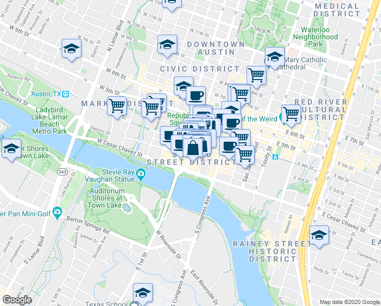 map of restaurants, bars, coffee shops, grocery stores, and more near in Austin