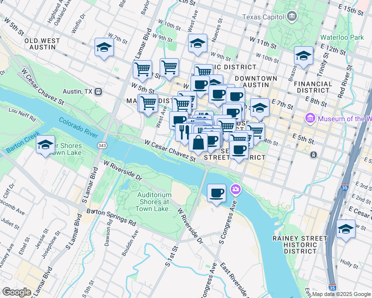 map of restaurants, bars, coffee shops, grocery stores, and more near 110 San Antonio Street in Austin