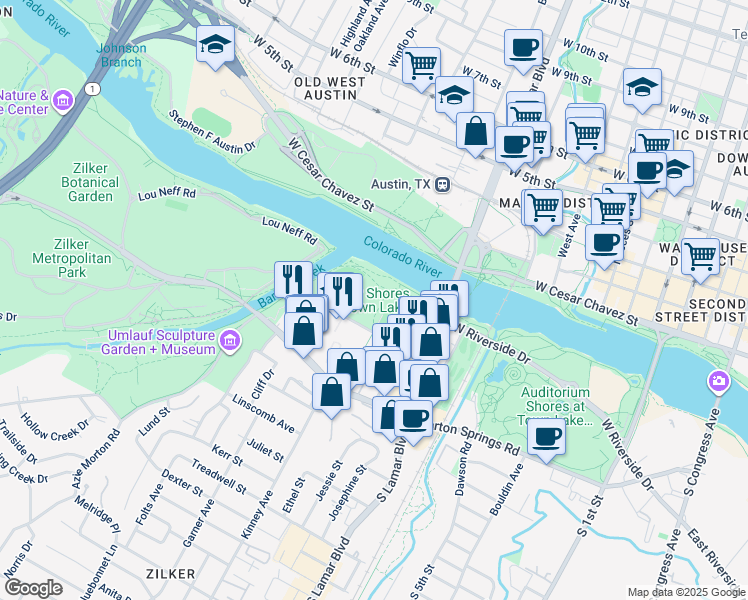 map of restaurants, bars, coffee shops, grocery stores, and more near Ann and Roy Butler Hike and Bike Trail in Austin