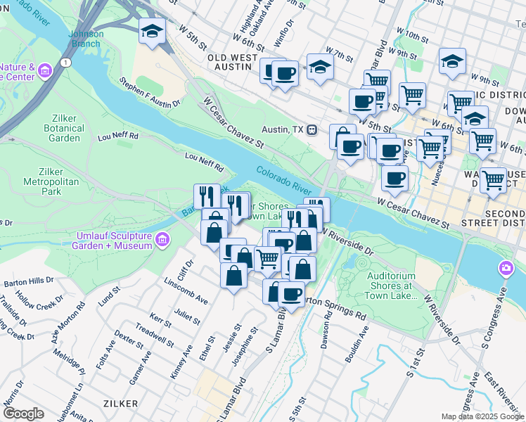 map of restaurants, bars, coffee shops, grocery stores, and more near 200 South Lamar Boulevard in Austin