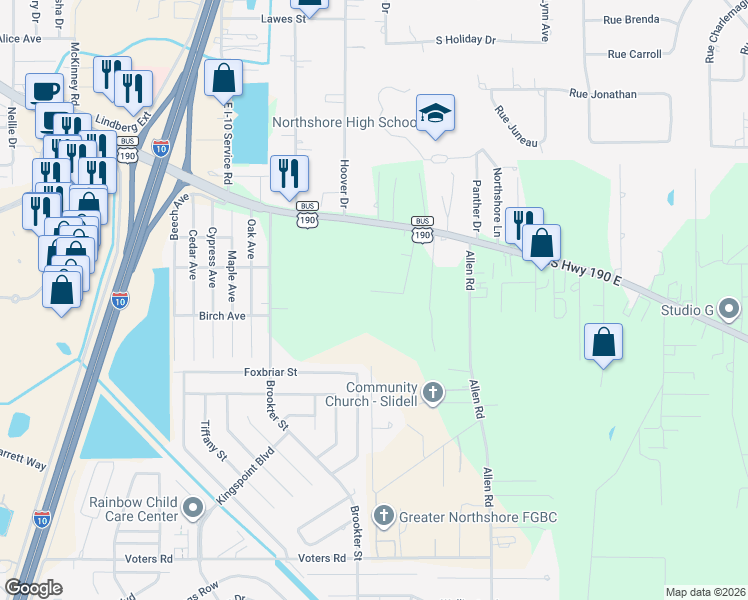 map of restaurants, bars, coffee shops, grocery stores, and more near 57321 Smith Road in Slidell
