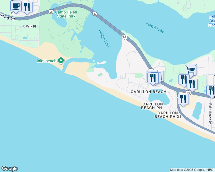 map of restaurants, bars, coffee shops, grocery stores, and more near 23223 Front Beach Road in Panama City Beach