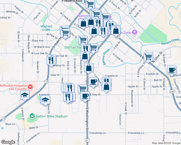 map of restaurants, bars, coffee shops, grocery stores, and more near 504 Longhorn Street in Fredericksburg