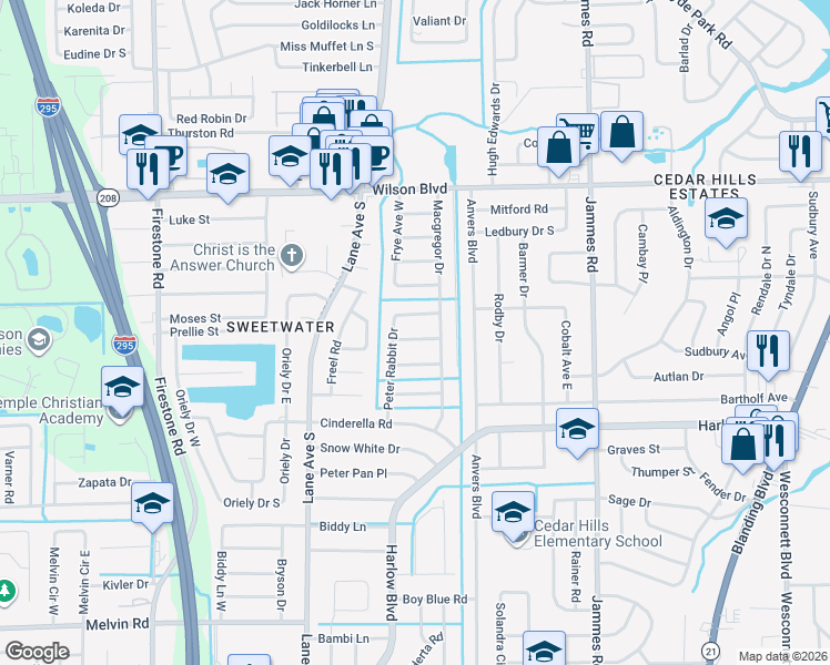map of restaurants, bars, coffee shops, grocery stores, and more near 6729 Cotton Tail Lane in Jacksonville
