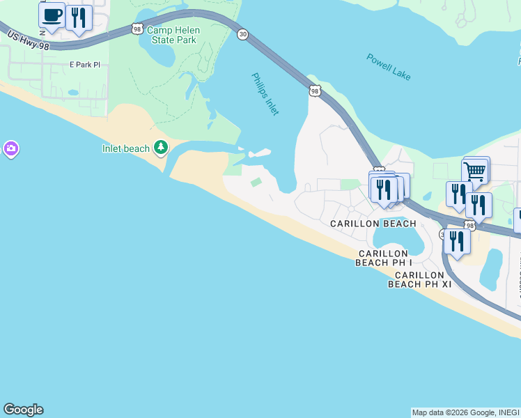 map of restaurants, bars, coffee shops, grocery stores, and more near 23223 Front Beach Road in Panama City Beach
