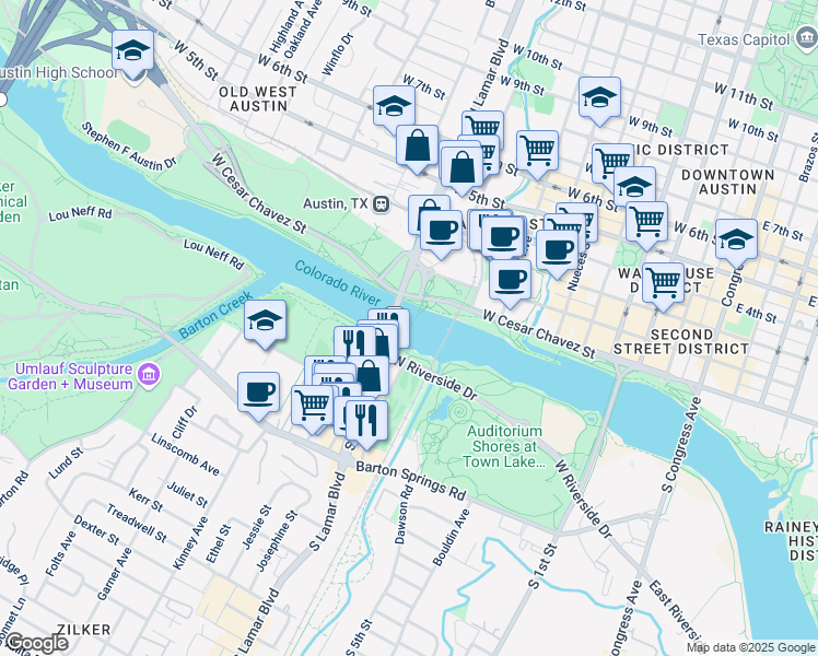 map of restaurants, bars, coffee shops, grocery stores, and more near Ann and Roy Butler Hike and Bike Trail in Austin