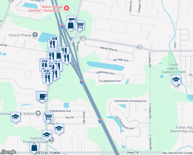 map of restaurants, bars, coffee shops, grocery stores, and more near 13395 West Lakeshore Avenue in Prairieville