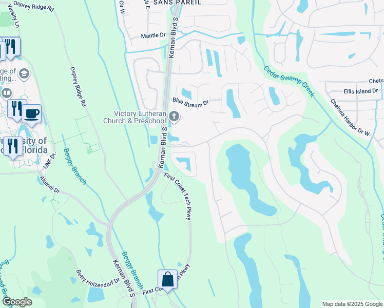 map of restaurants, bars, coffee shops, grocery stores, and more near 4850 First Coast Tech Parkway in Jacksonville