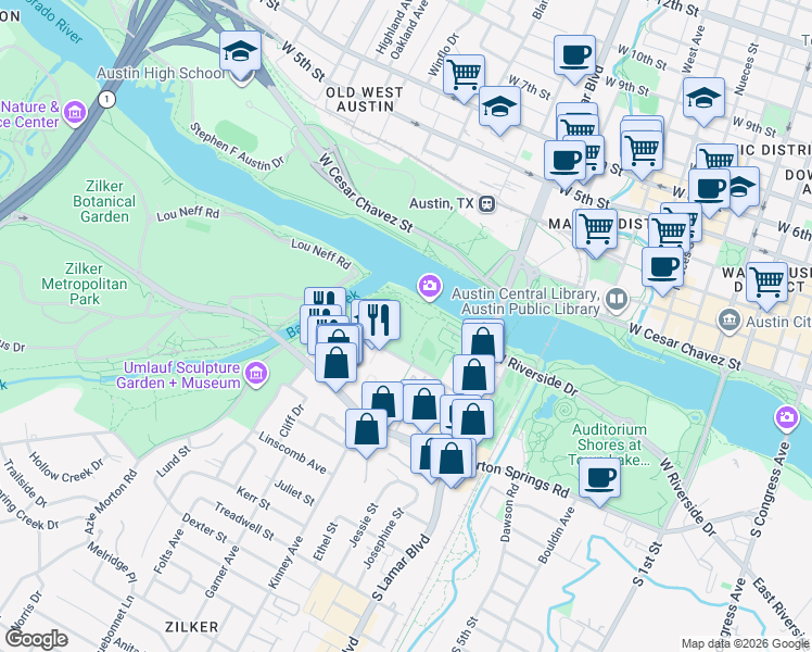 map of restaurants, bars, coffee shops, grocery stores, and more near 200 South Lamar Boulevard in Austin