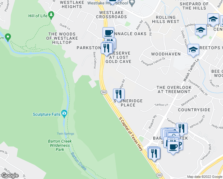 map of restaurants, bars, coffee shops, grocery stores, and more near 3660 Stoneridge Road in Austin