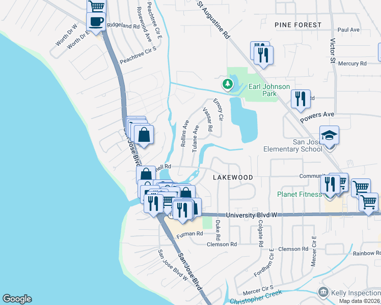map of restaurants, bars, coffee shops, grocery stores, and more near 5339 Tulane Avenue in Jacksonville