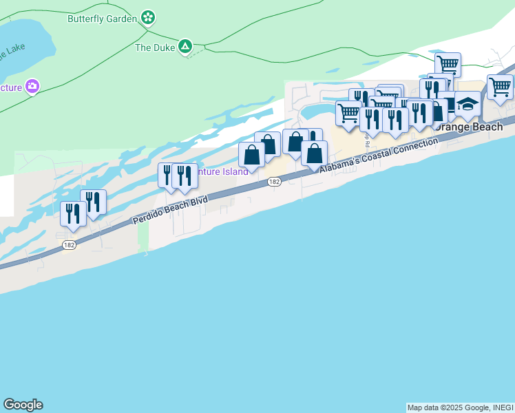 map of restaurants, bars, coffee shops, grocery stores, and more near 24900 Perdido Beach Boulevard in Orange Beach
