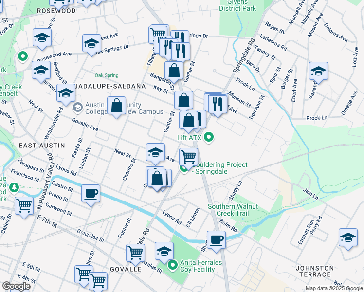 map of restaurants, bars, coffee shops, grocery stores, and more near 3703 Thompson Street in Austin