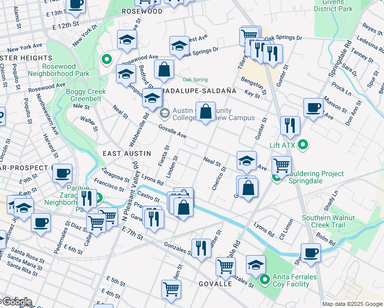 map of restaurants, bars, coffee shops, grocery stores, and more near 1104 Brass Street in Austin