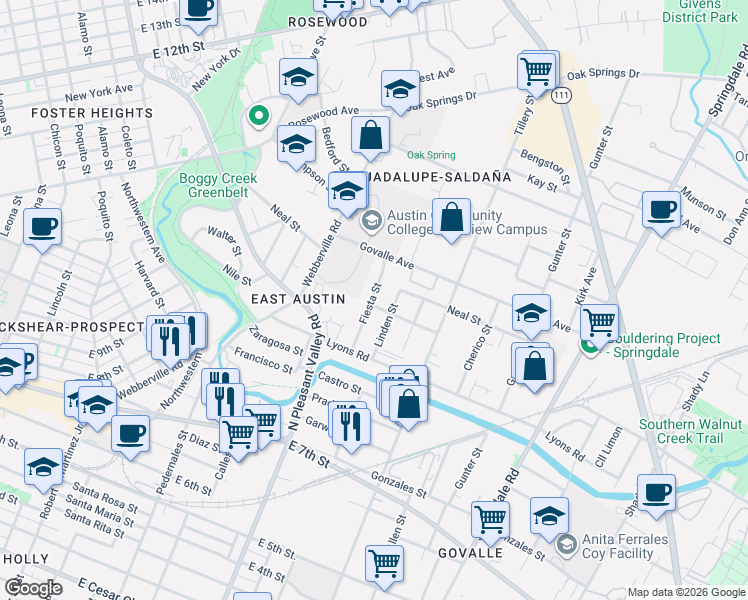 map of restaurants, bars, coffee shops, grocery stores, and more near 1100 Fiesta Street in Austin
