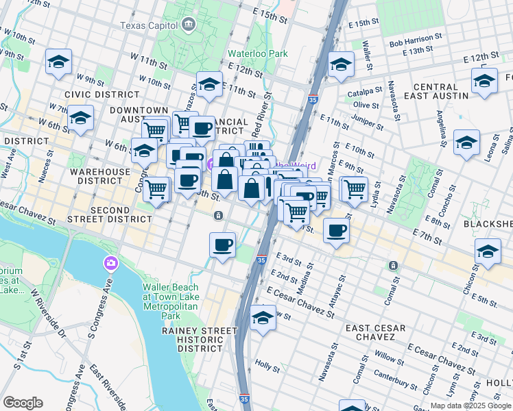 map of restaurants, bars, coffee shops, grocery stores, and more near 500 North Interstate 35 Frontage Road in Austin