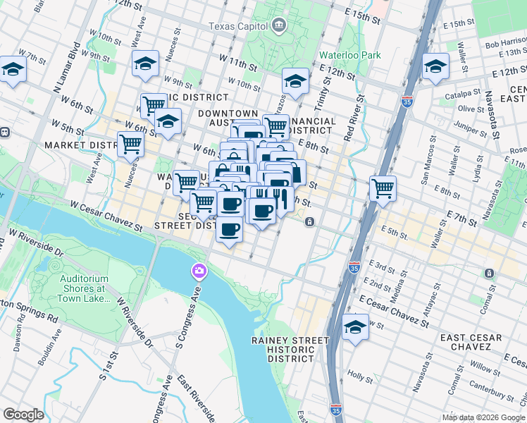 map of restaurants, bars, coffee shops, grocery stores, and more near 306 East 4th Street in Austin