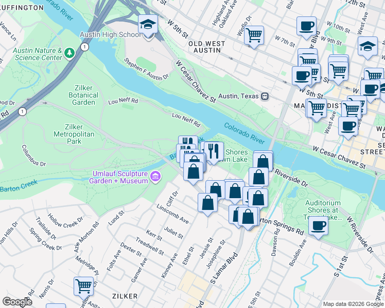 map of restaurants, bars, coffee shops, grocery stores, and more near 406 Sterzing Street in Austin
