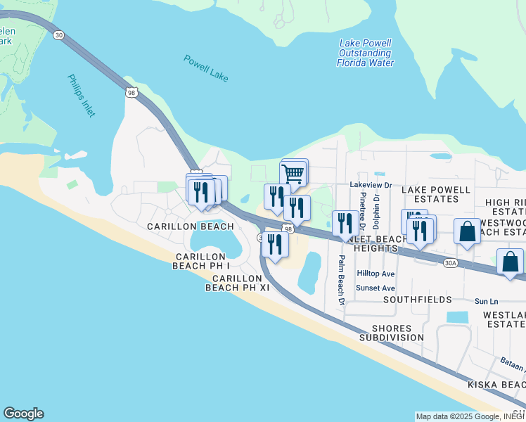 map of restaurants, bars, coffee shops, grocery stores, and more near Back Beach Rd in Panama City Beach