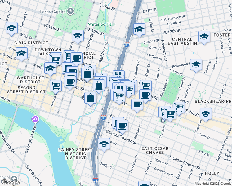 map of restaurants, bars, coffee shops, grocery stores, and more near 517 North Interstate Highway 35 in Austin