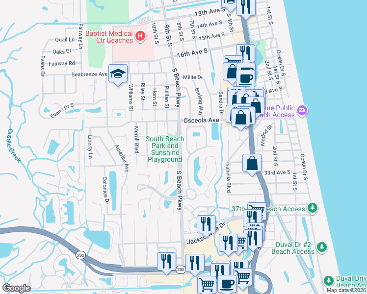 map of restaurants, bars, coffee shops, grocery stores, and more near 856 Bonaire Circle in Jacksonville Beach