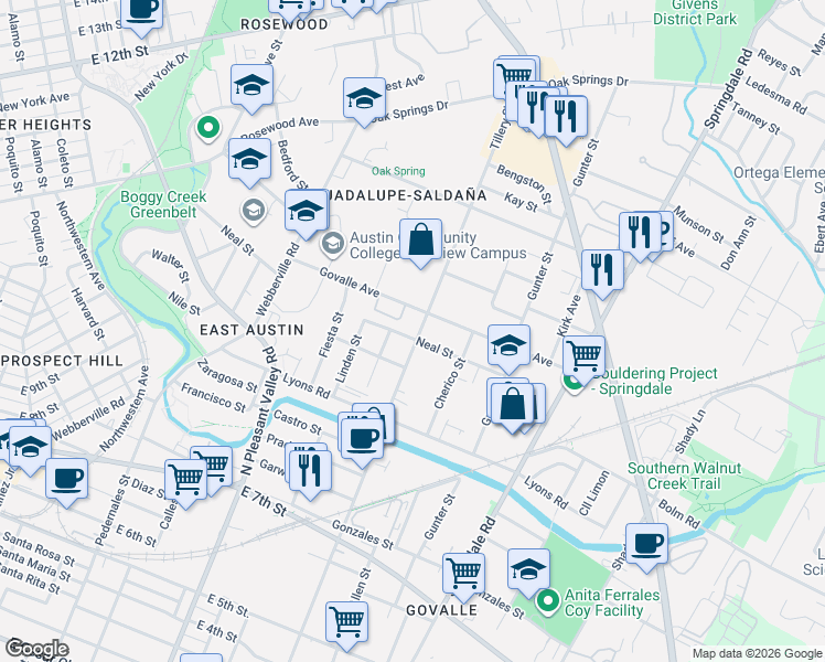 map of restaurants, bars, coffee shops, grocery stores, and more near 1106 Tillery Street in Austin