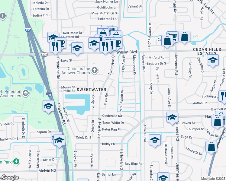 map of restaurants, bars, coffee shops, grocery stores, and more near 3911 Bogata Drive North in Jacksonville