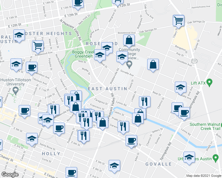 map of restaurants, bars, coffee shops, grocery stores, and more near 2705 Halcyon Drive in Austin
