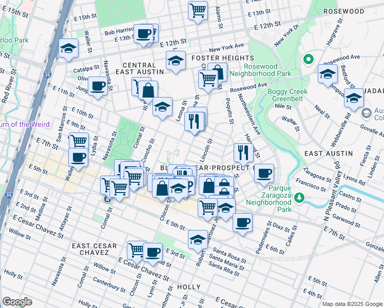 map of restaurants, bars, coffee shops, grocery stores, and more near 1903 College Row in Austin