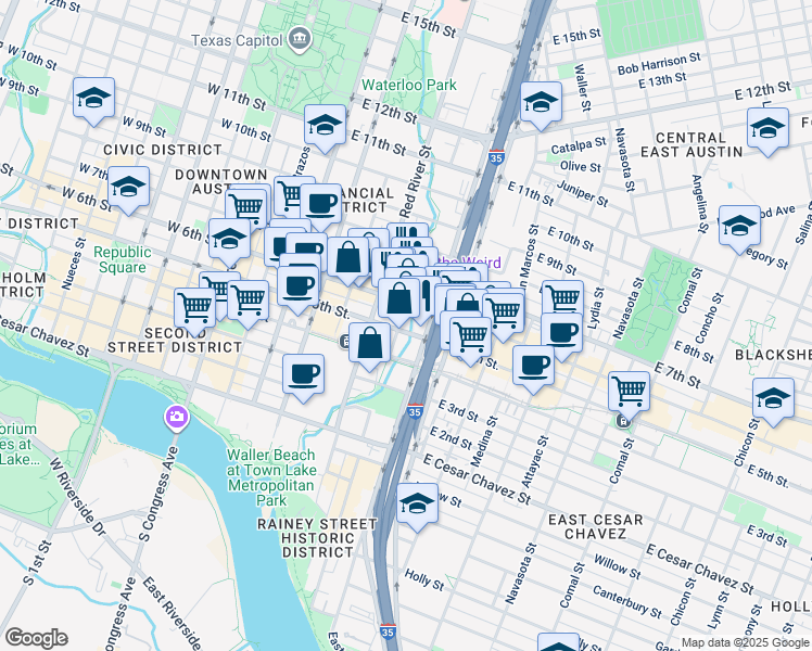 map of restaurants, bars, coffee shops, grocery stores, and more near 500 North Interstate 35 Frontage Road in Austin