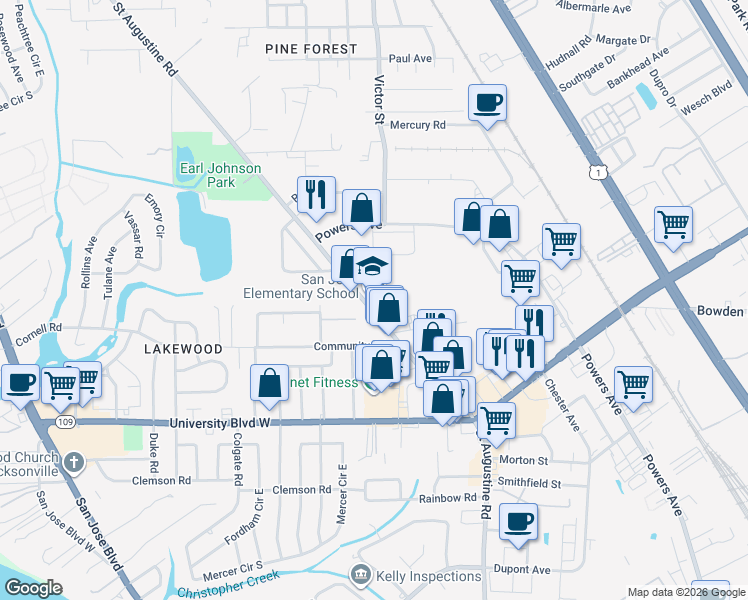 map of restaurants, bars, coffee shops, grocery stores, and more near 5805 Saint Augustine Road in Jacksonville