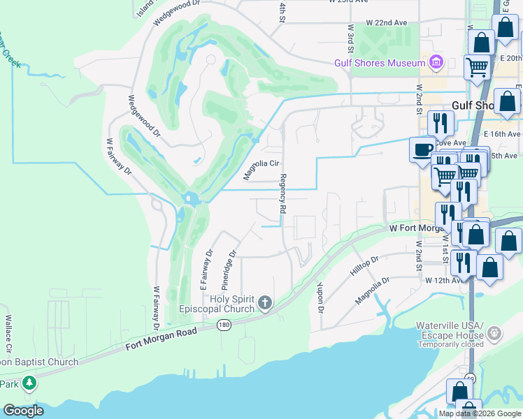 map of restaurants, bars, coffee shops, grocery stores, and more near 1605 Pineridge Dr in Gulf Shores