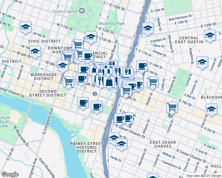 map of restaurants, bars, coffee shops, grocery stores, and more near 500 North Interstate 35 Frontage Road in Austin