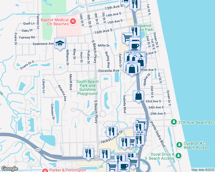map of restaurants, bars, coffee shops, grocery stores, and more near 2891 Saint Maarten Court in Jacksonville Beach