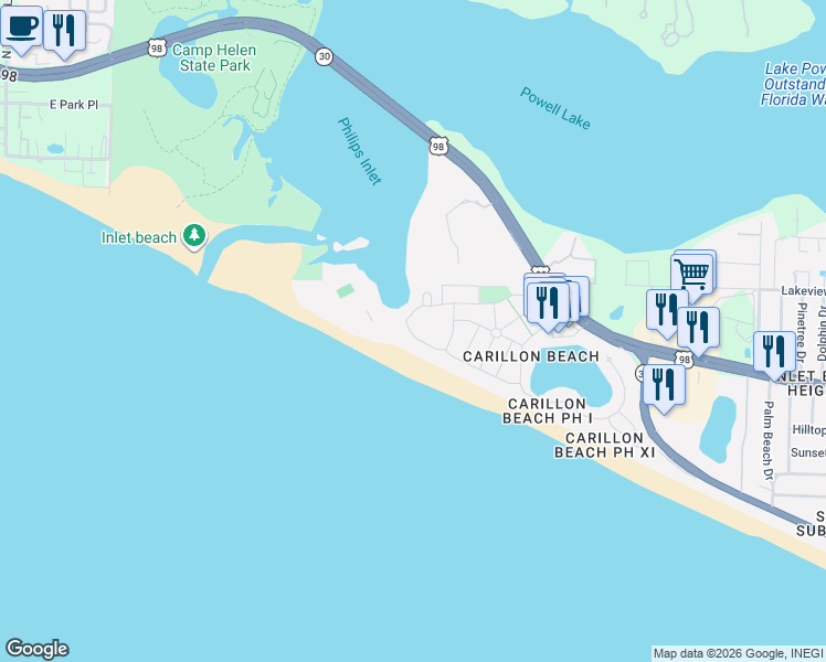 map of restaurants, bars, coffee shops, grocery stores, and more near 386 Beachside Drive in Panama City Beach