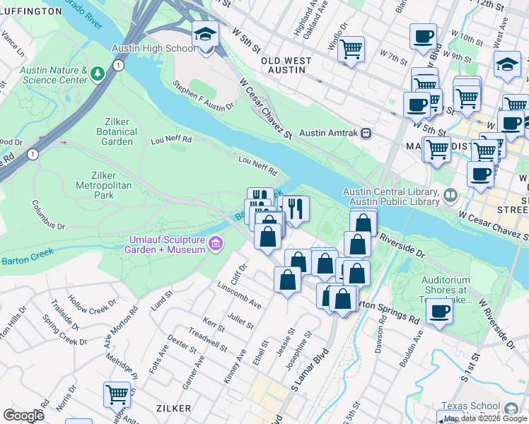 map of restaurants, bars, coffee shops, grocery stores, and more near 200 South Lamar Boulevard in Austin