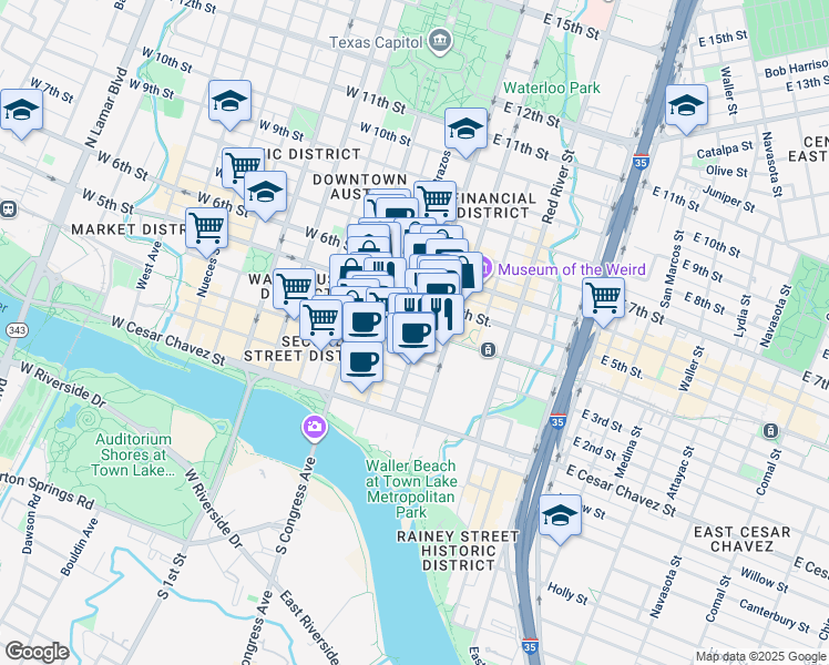 map of restaurants, bars, coffee shops, grocery stores, and more near 306 East 4th Street in Austin