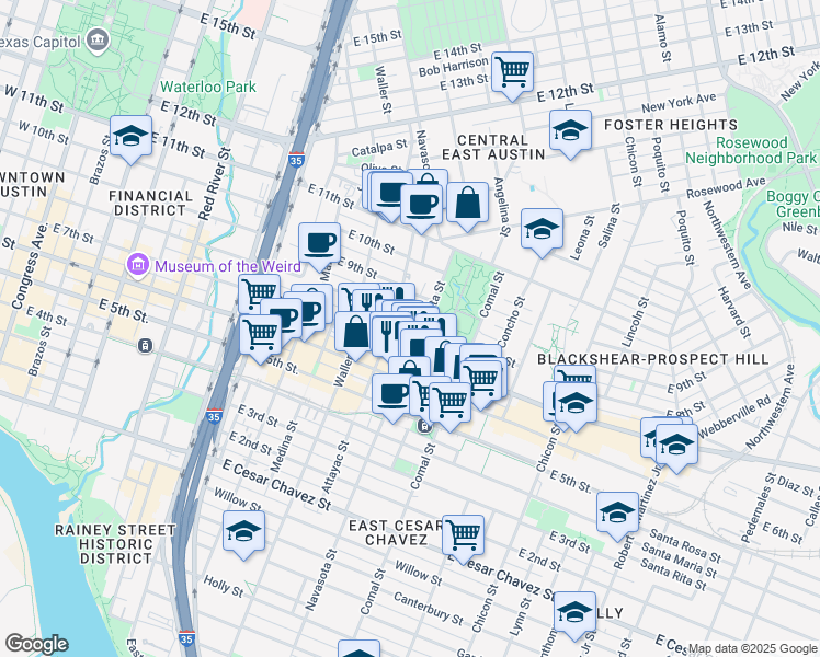 map of restaurants, bars, coffee shops, grocery stores, and more near 1207 East 8th Street in Austin