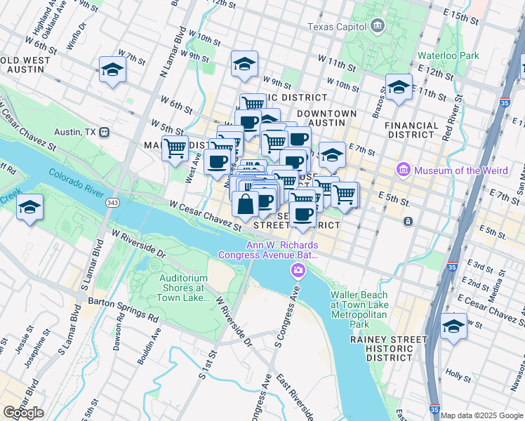 map of restaurants, bars, coffee shops, grocery stores, and more near 320 West 2nd Street in Austin