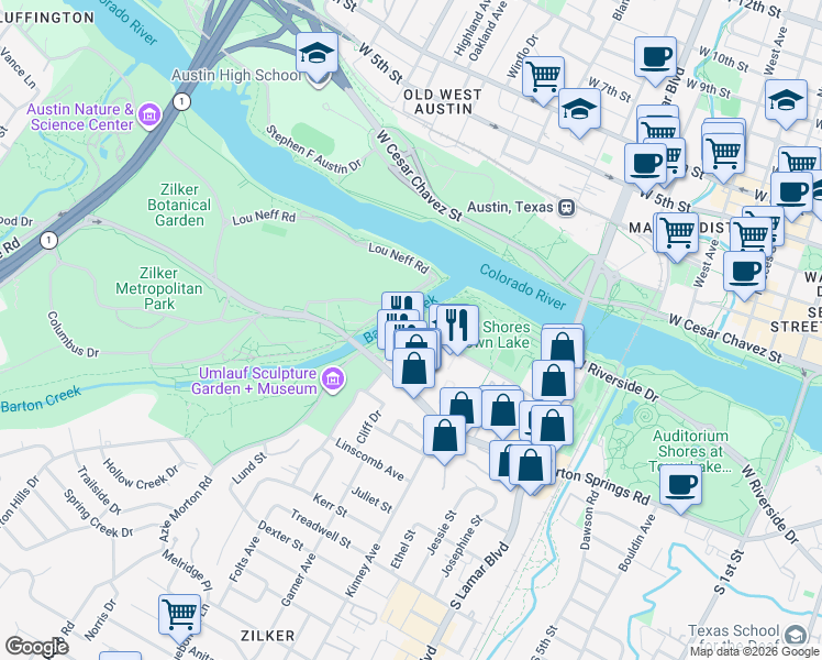 map of restaurants, bars, coffee shops, grocery stores, and more near 406 Sterzing Street in Austin