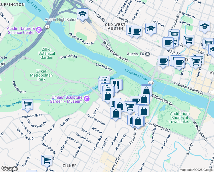 map of restaurants, bars, coffee shops, grocery stores, and more near 1900 Barton Springs Road in Austin