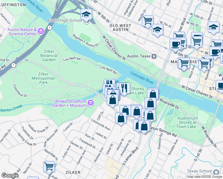 map of restaurants, bars, coffee shops, grocery stores, and more near 406 Sterzing Street in Austin