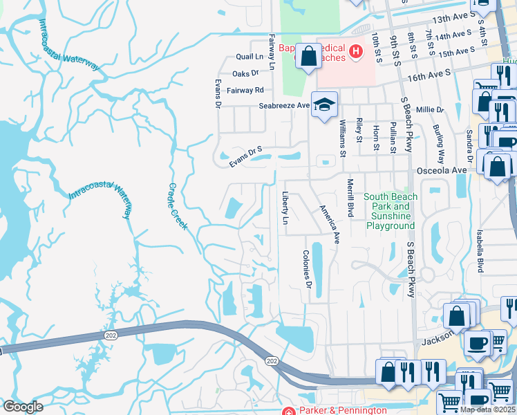 map of restaurants, bars, coffee shops, grocery stores, and more near 1477 Blue Heron Lane North in Jacksonville Beach