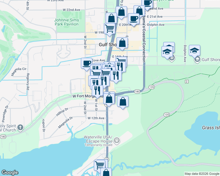 map of restaurants, bars, coffee shops, grocery stores, and more near 120 Fort Morgan Road Trail in Gulf Shores