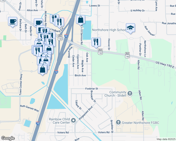 map of restaurants, bars, coffee shops, grocery stores, and more near 57364 Oak Ave in Slidell