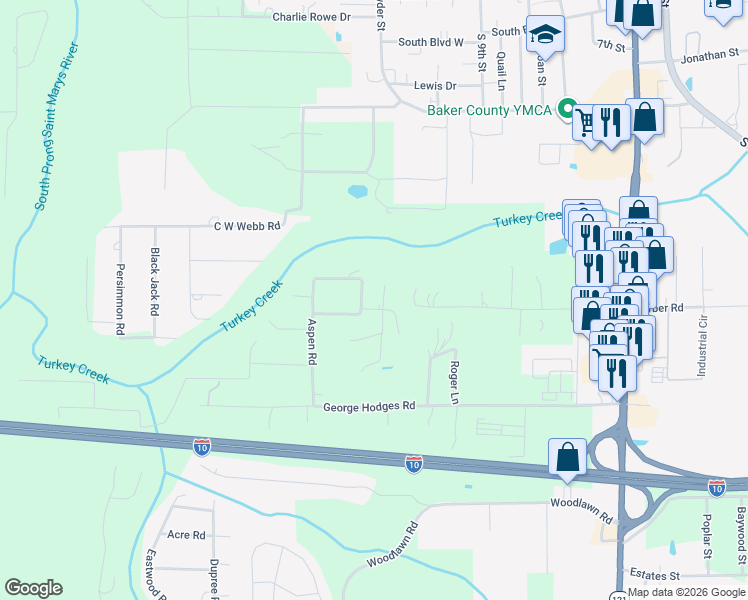 map of restaurants, bars, coffee shops, grocery stores, and more near 5561 Scrub Oak Lane in Macclenny