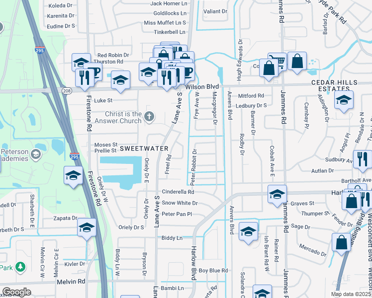 map of restaurants, bars, coffee shops, grocery stores, and more near 3911 Bogata Drive North in Jacksonville