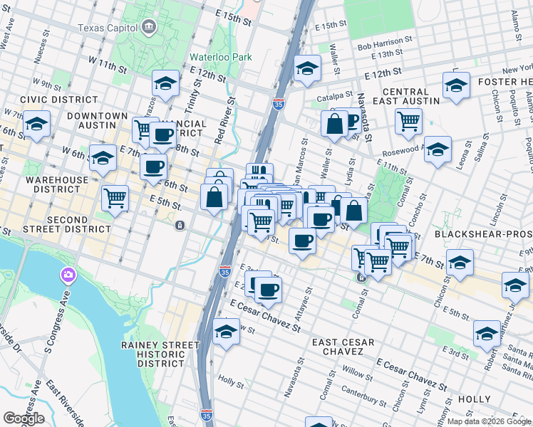 map of restaurants, bars, coffee shops, grocery stores, and more near 910 East 6th Street in Austin